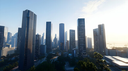 Fototapeta premium Futuristic City Skyline At Dawn