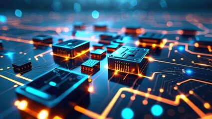 Obraz premium Abstract Tech Background Featuring Glowing Circuitry Patterns And Electronic Components, Illustrating Data Transmission And AI Technology Concepts For Modern Innovations Connectivity.