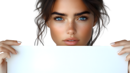 A person holding a blank sign ideal for messages or announcements with expressive eyes and na