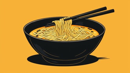 Delicious Bowl of Noodles with Chopsticks on Vibrant Yellow Background