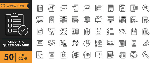 Survey and Questionnaire line icon set. Containing Checklist, Rating, Document, Choice, Quiz, Test, Feedback, Review, Opinion, Report, Exam, and more. vector illustration 