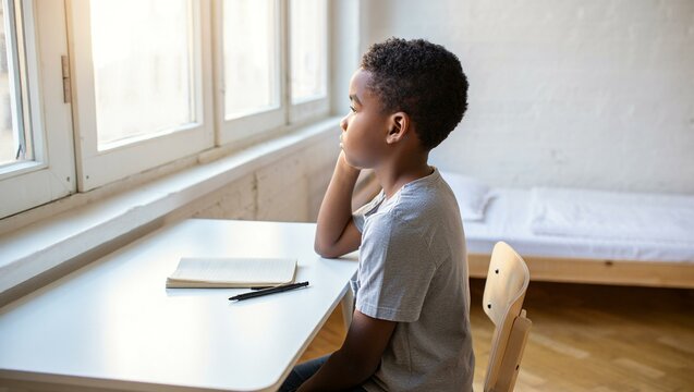 Pensive boy stares out window, daydreaming at table with notebook and pen