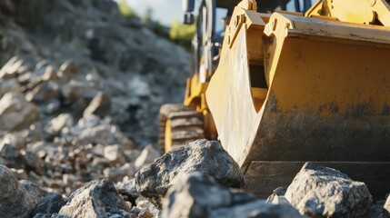 A construction site heavy machinery operator moving large rocks with a bulldozer. Featuring control and skill