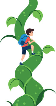 A boy climbing a green beanstalk in a colorful flat vector illustration