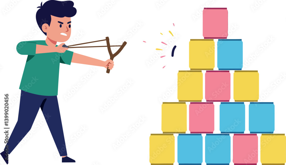 Poster a boy aiming with a slingshot at a colorful stack of blocks in flat vector art