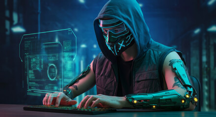 Cyberpunk futuristic hacker in neon environment with tech implants