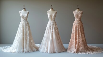 Elegant bridal gowns featured in soft lighting on display mannequins