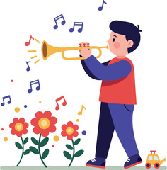 A young boy playing a trumpet amidst colorful flowers in a cheerful flat vector illustration