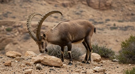 Wild Ibex with Curved Horns in Desert Environment