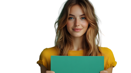 A person holding a green board dressed in a yellow top with long hair ideal for marketing and