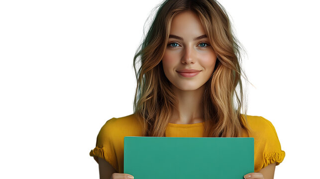 A person holding a green board dressed in a yellow top with long hair ideal for marketing and