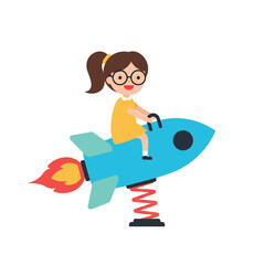 Girl joyfully riding a blue rocket on a spring, minimal vector illustration