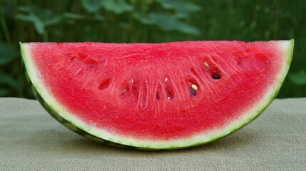 A juicy slice of red watermelon with black seeds, rests on a beige surface against a blurred green background.