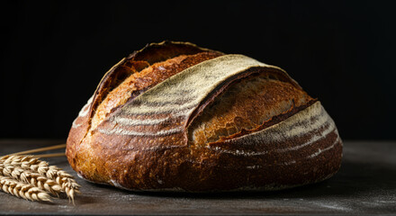 Rustic round sourdough bread with wheat stalks on dark background