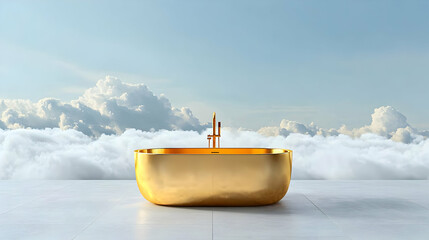 Golden Bathtub On Cloudscape Background