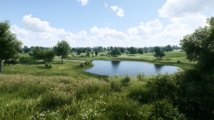Panoramic Golf Course Landscape With Pond And Lush Vegetation