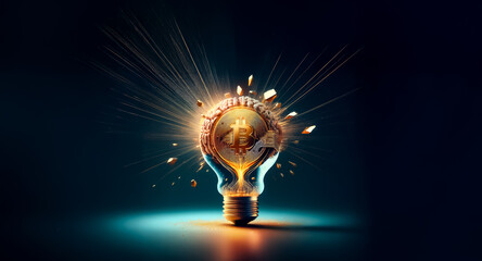 A lightbulb shattering, releasing radiant energy and fragmented pieces, symbolizing a burst of innovative inspiration and groundbreaking ideas.