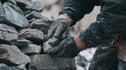 Fototapeta premium A construction site mason building a stone wall with precision. Featuring expertise and craftsmanship