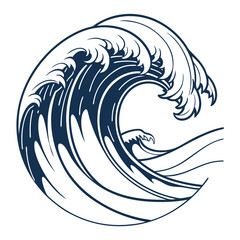 Dramatic Curling Blue Ocean Wave Vector Line Art Nautical Sea Graphic Circular Design