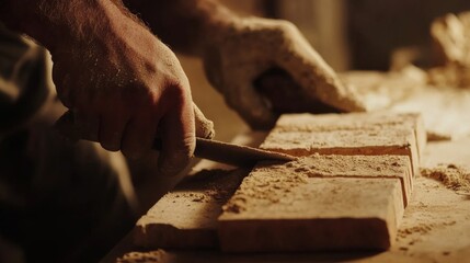 A construction site mason cutting and placing bricks for a building exterior. Featuring craftsmanship and precision