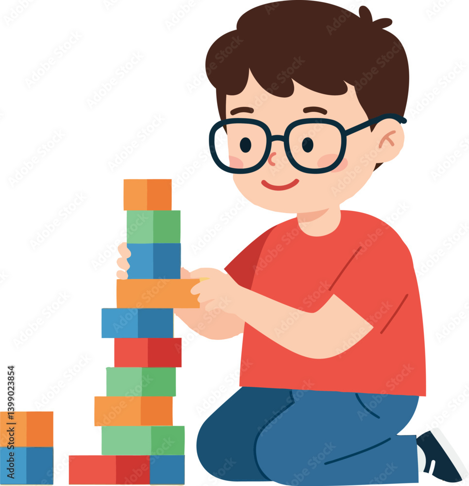 Aufkleber a young boy stacking colorful blocks in a playful setting with a flat design style vector illustrati