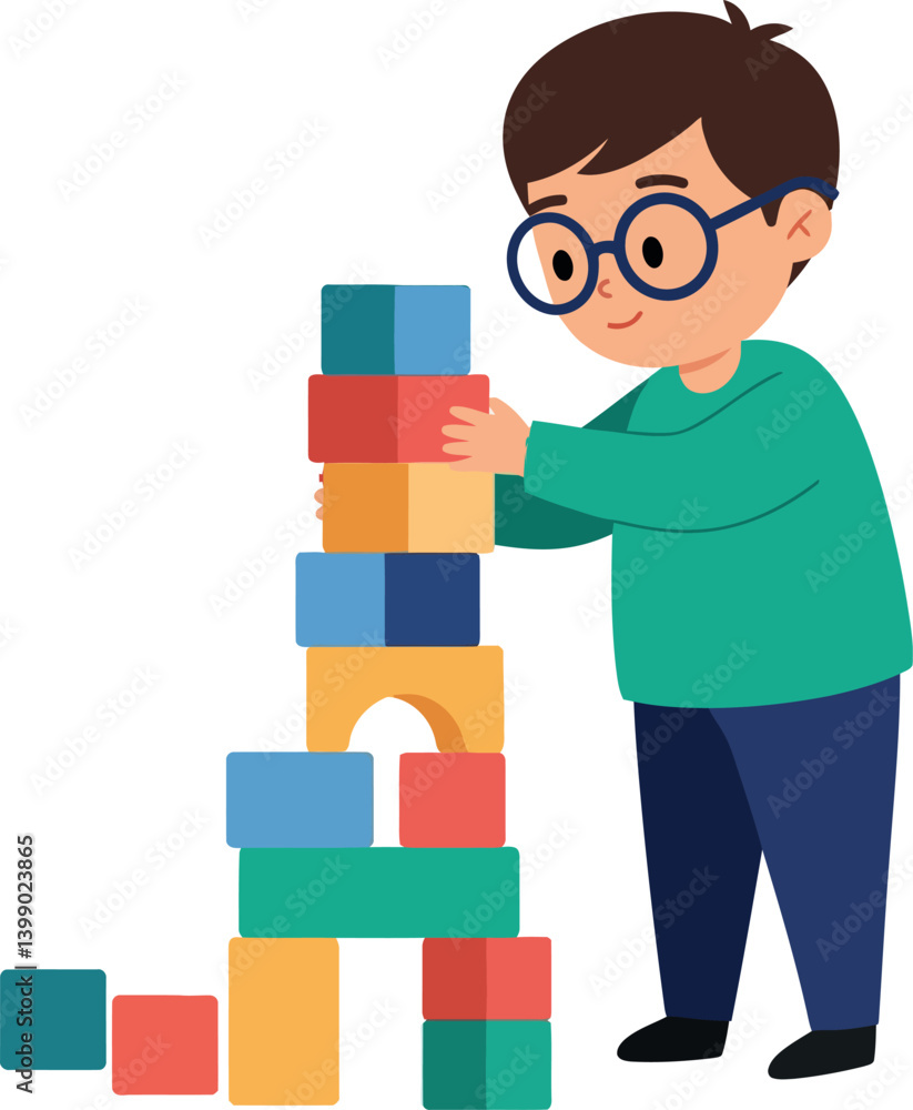 Aufkleber a child stacking colorful building blocks in a playful and cheerful atmosphere with flat vector art