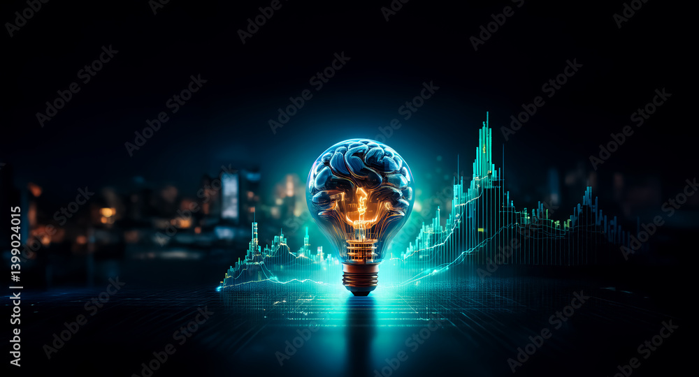 Poster glowing lightbulb, futuristic city skyline backdrop, and dynamic energy graphs symbolize innovation 