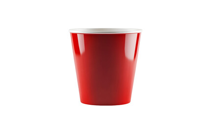 A vibrant red party cup stands alone against a stark black background simple yet bold