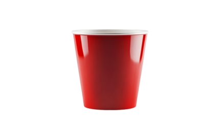A vibrant red party cup stands alone against a stark black background simple yet bold
