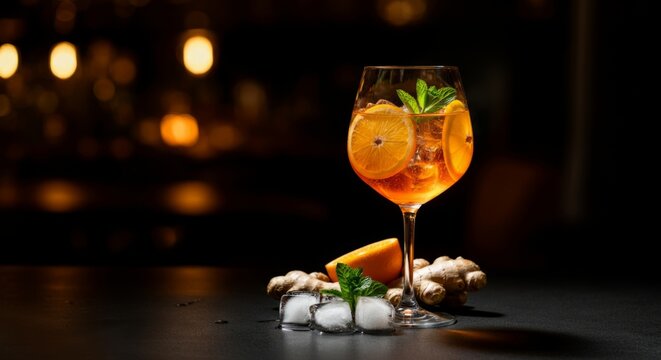 Refreshing orange ginger cocktail with ice mint garnish in dimly lit bar