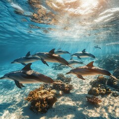Obraz premium A pod of dolphins swims through sunlight-dappled coral reef waters.