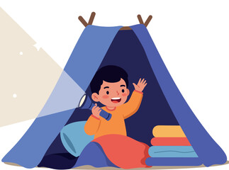 Happy child inside a colorful tent with a flashlight in a flat vector illustration