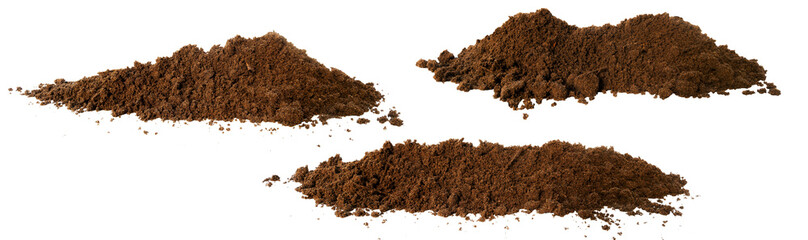 Collection of humus soil mounds with isolated white background