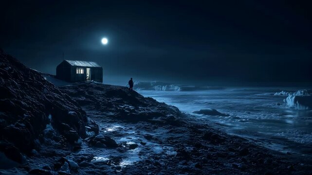 A Mysterious Oceanfront Cabin Awaits at Night, Beautifully Illuminated Under the Enchanting Moonlight