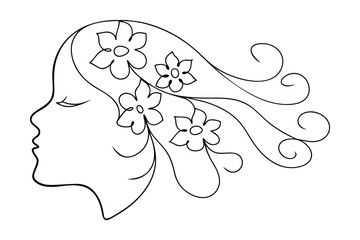 Elegant Woman Profile With Flowers And Swirling Hair Black And White Line Art Vector Illustration