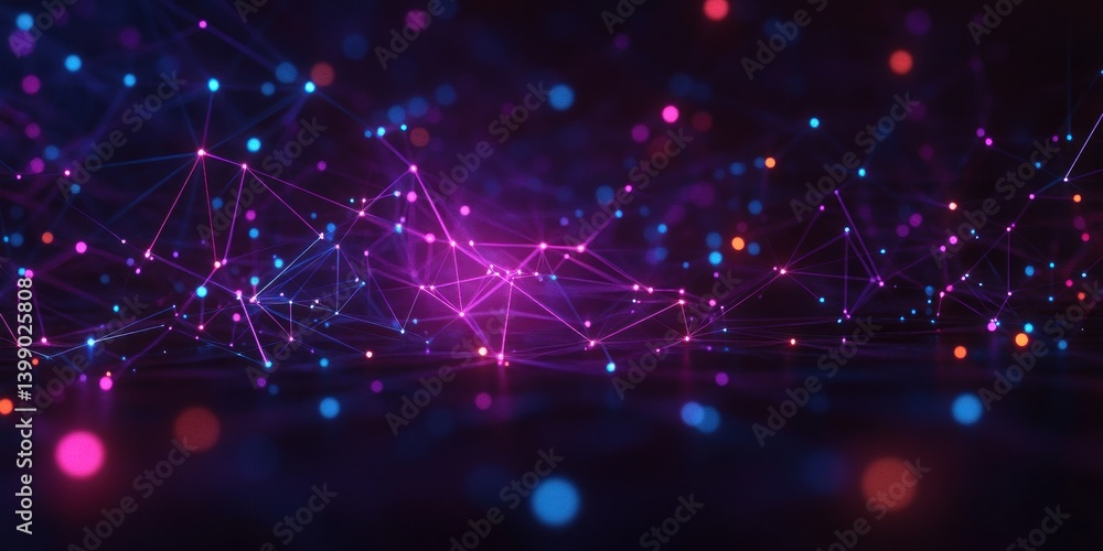Poster futuristic neon network background with abstract geometry nodes and lines