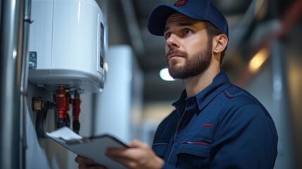 Professional Technician Inspecting Water Heater with Clipboard for Maintenance and Repair Servi