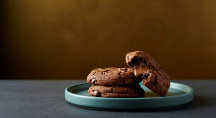 Delicious chocolate chip cookies with melting chocolate on plate