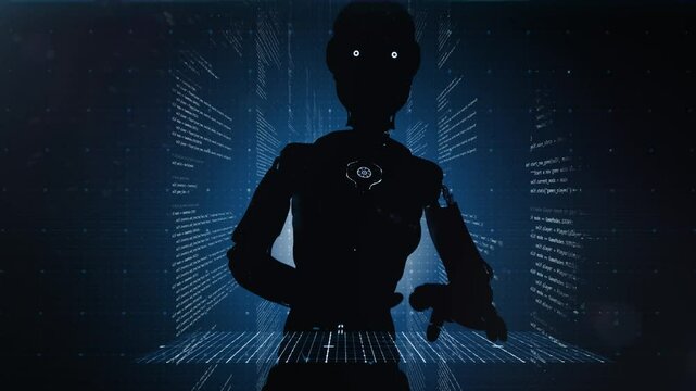3D animation of cyborg silhouette with programming code in background. Humanoid typing on virtual futuristic keyboard