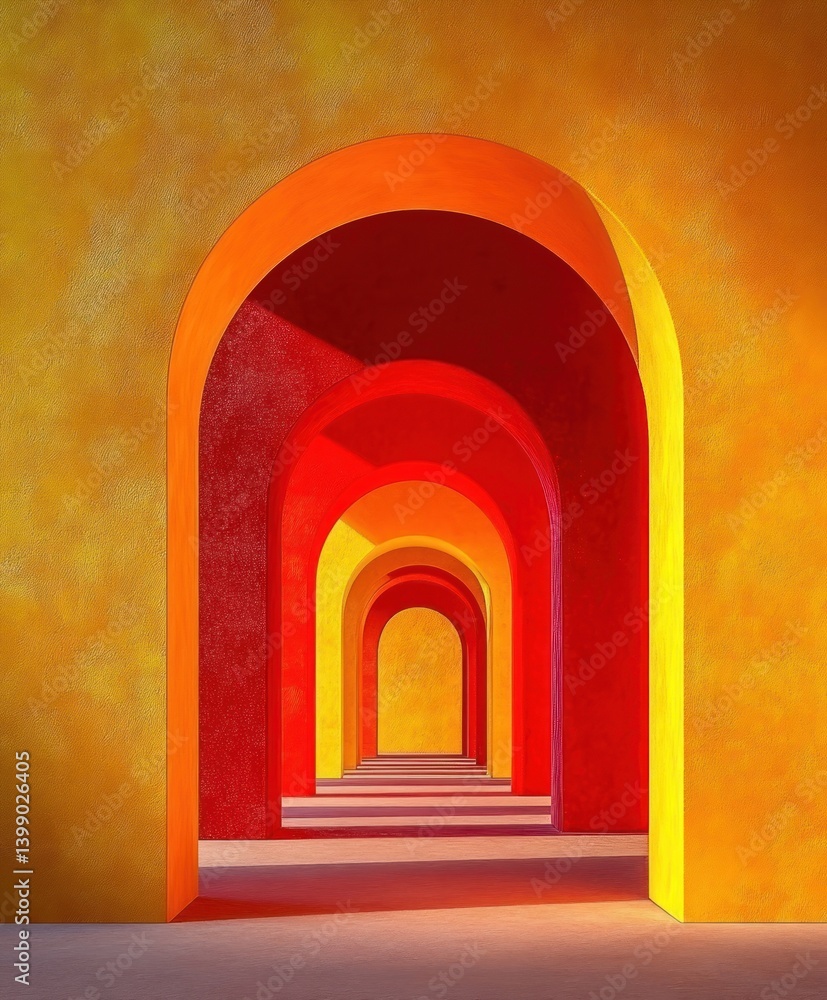 Aufkleber Minimalist Architecture with Vibrant Yellow Red Archways Modern Art Soft Lighting Symmetrical Design