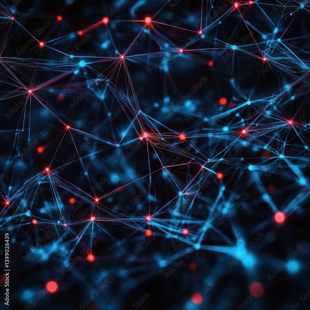 Aufkleber Abstract Network of Interconnected Lines in Cyber Aesthetic with Neon Lights on Dark Background Digital Art