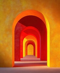 Fototapeta premium Minimalist Architecture with Vibrant Yellow Red Archways Modern Art Soft Lighting Symmetrical Design