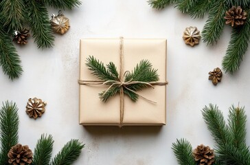 Minimalist Scandinavian Christmas Gift Box with Pine Sprigs on White Wooden Background