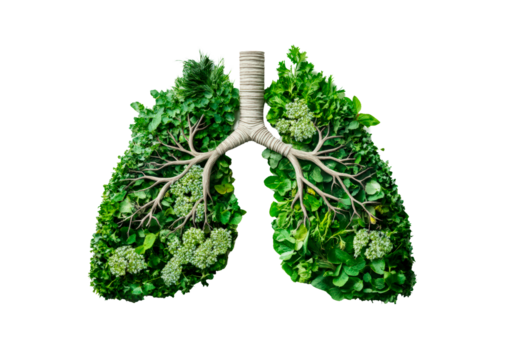 Human lungs made with fresh green plant leaves and herbs isolated on transparent background