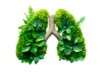 Human lungs made with fresh green plant leaves and herbs isolated on transparent background