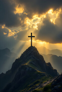 Christian cross, crucifixion on beautiful mountain rock at sunrise landscape. jesus easter resurrection concept. Good Friday. Religion, Bible, Christianity and faith concept.