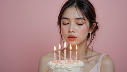 Woman Blowing Out Birthday Candles on Cake Against Pink Backdrop
