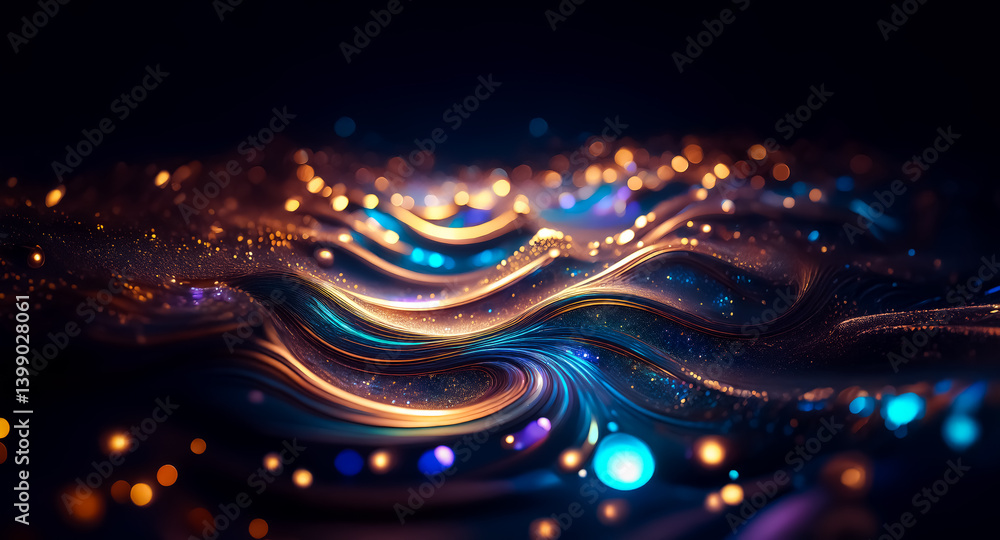 Aufkleber glowing, swirling waves of light and color shimmer in a dark, abstract scene. sparkling particles cr