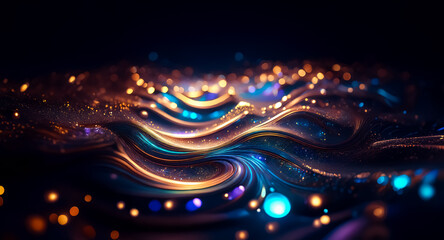 Obraz premium Glowing, swirling waves of light and color shimmer in a dark, abstract scene. Sparkling particles create a sense of depth and movement.