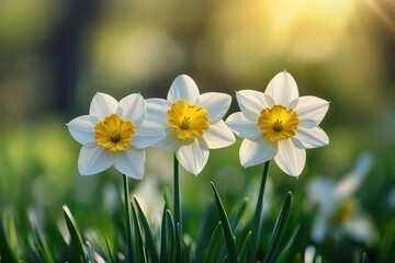 Beautiful daffodils blooming in a sunny garden